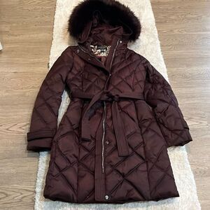 Women's Quilted Brown Coat with Fur Hood